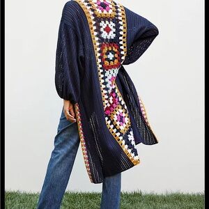 Anthropologie Navy Blue KimonoCardigan with Granny Squares